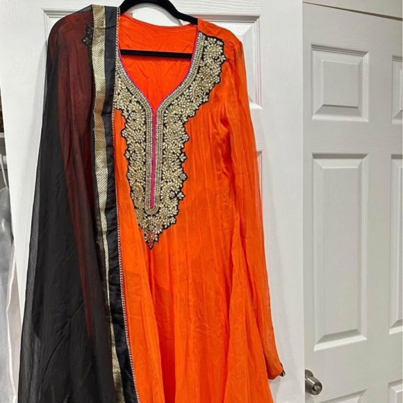 Anarkali style Orange and Black 3 pcs suit - Picture 1 of 1